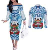 Personalised Fiji Ratu Sir Lala Sukuna Day Couples Matching Off The Shoulder Long Sleeve Dress and Long Sleeve Button Shirt Hibiscus Tapa Pattern LT05 Blue - Polynesian Pride