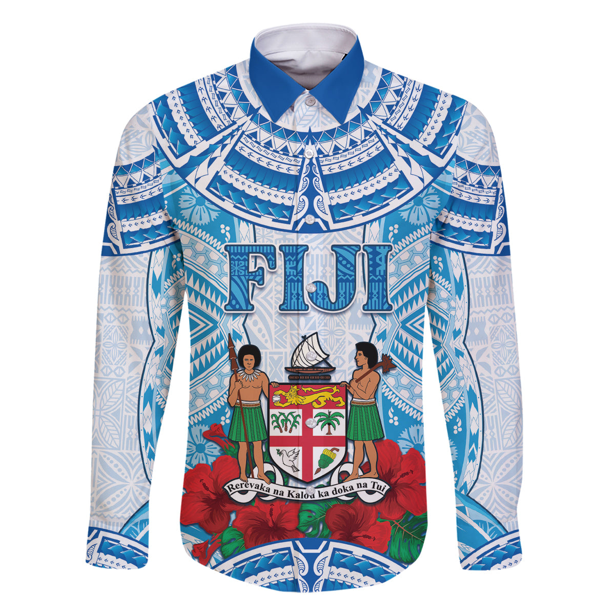 Personalised Fiji Ratu Sir Lala Sukuna Day Family Matching Long Sleeve Bodycon Dress and Hawaiian Shirt Hibiscus Tapa Pattern LT05 Dad's Shirt - Long Sleeve Blue - Polynesian Pride