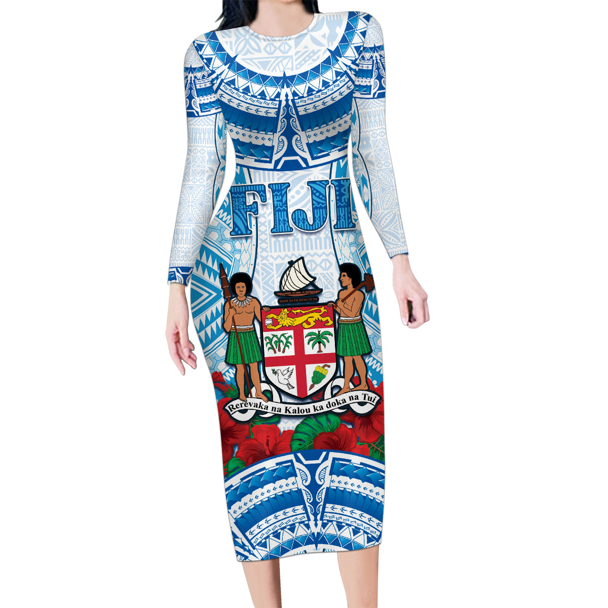 Personalised Fiji Ratu Sir Lala Sukuna Day Family Matching Long Sleeve Bodycon Dress and Hawaiian Shirt Hibiscus Tapa Pattern LT05 Mom's Dress Blue - Polynesian Pride