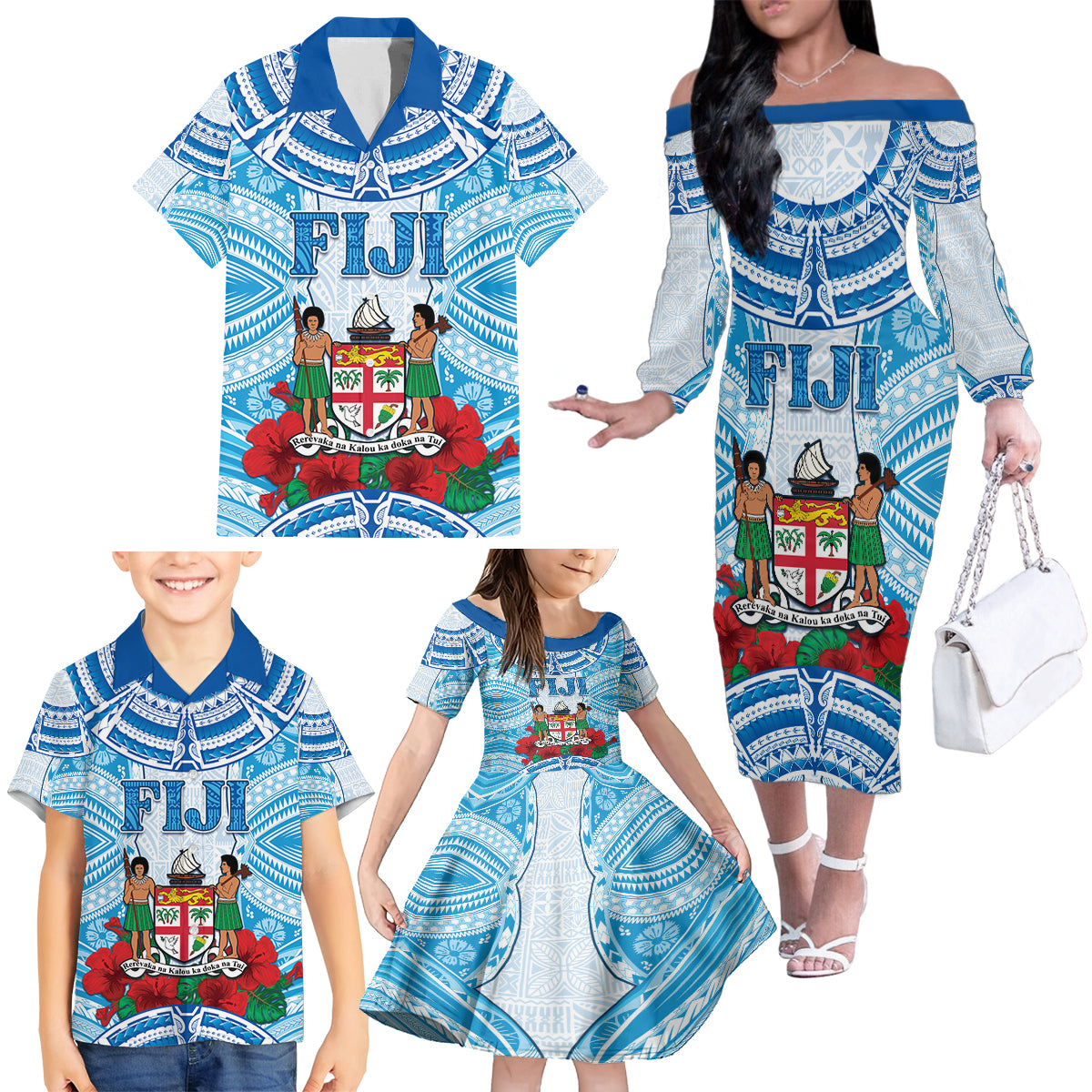 Personalised Fiji Ratu Sir Lala Sukuna Day Family Matching Off The Shoulder Long Sleeve Dress and Hawaiian Shirt Hibiscus Tapa Pattern LT05 - Polynesian Pride