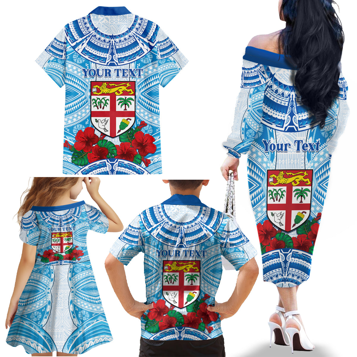 Personalised Fiji Ratu Sir Lala Sukuna Day Family Matching Off The Shoulder Long Sleeve Dress and Hawaiian Shirt Hibiscus Tapa Pattern LT05 - Polynesian Pride