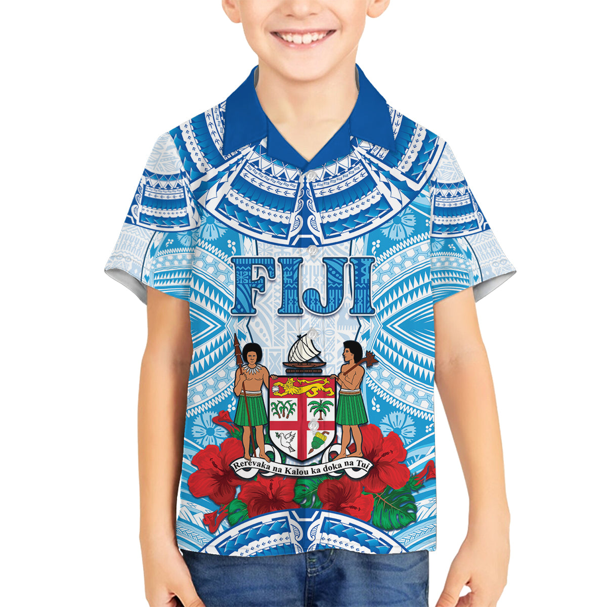 Personalised Fiji Ratu Sir Lala Sukuna Day Family Matching Off The Shoulder Long Sleeve Dress and Hawaiian Shirt Hibiscus Tapa Pattern LT05 Son's Shirt Blue - Polynesian Pride