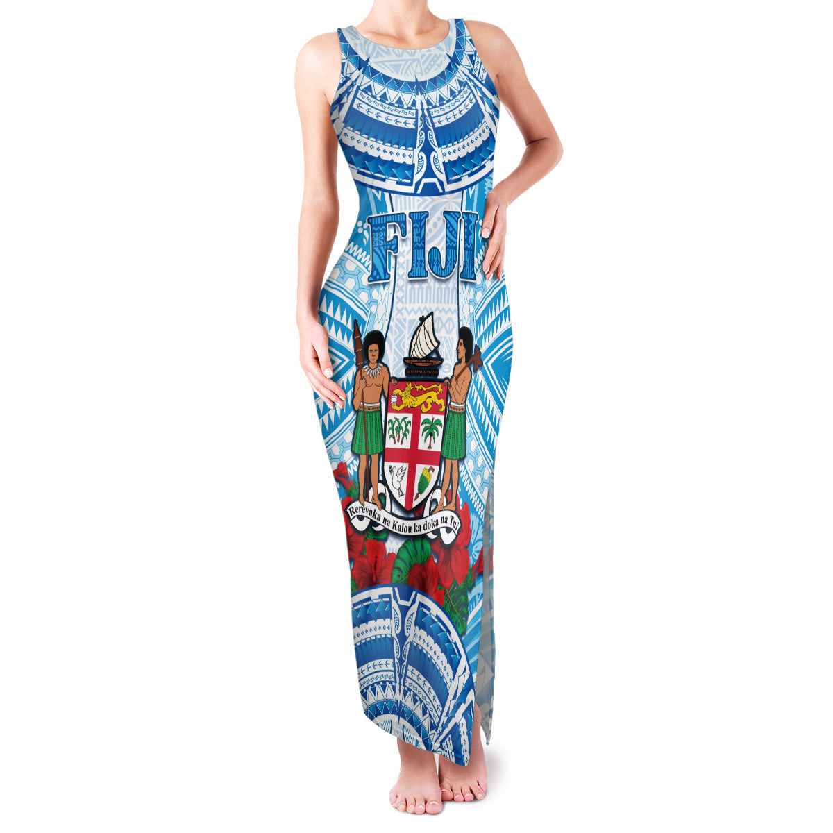 Personalised Fiji Ratu Sir Lala Sukuna Day Family Matching Tank Maxi Dress and Hawaiian Shirt Hibiscus Tapa Pattern LT05 Mom's Dress Blue - Polynesian Pride