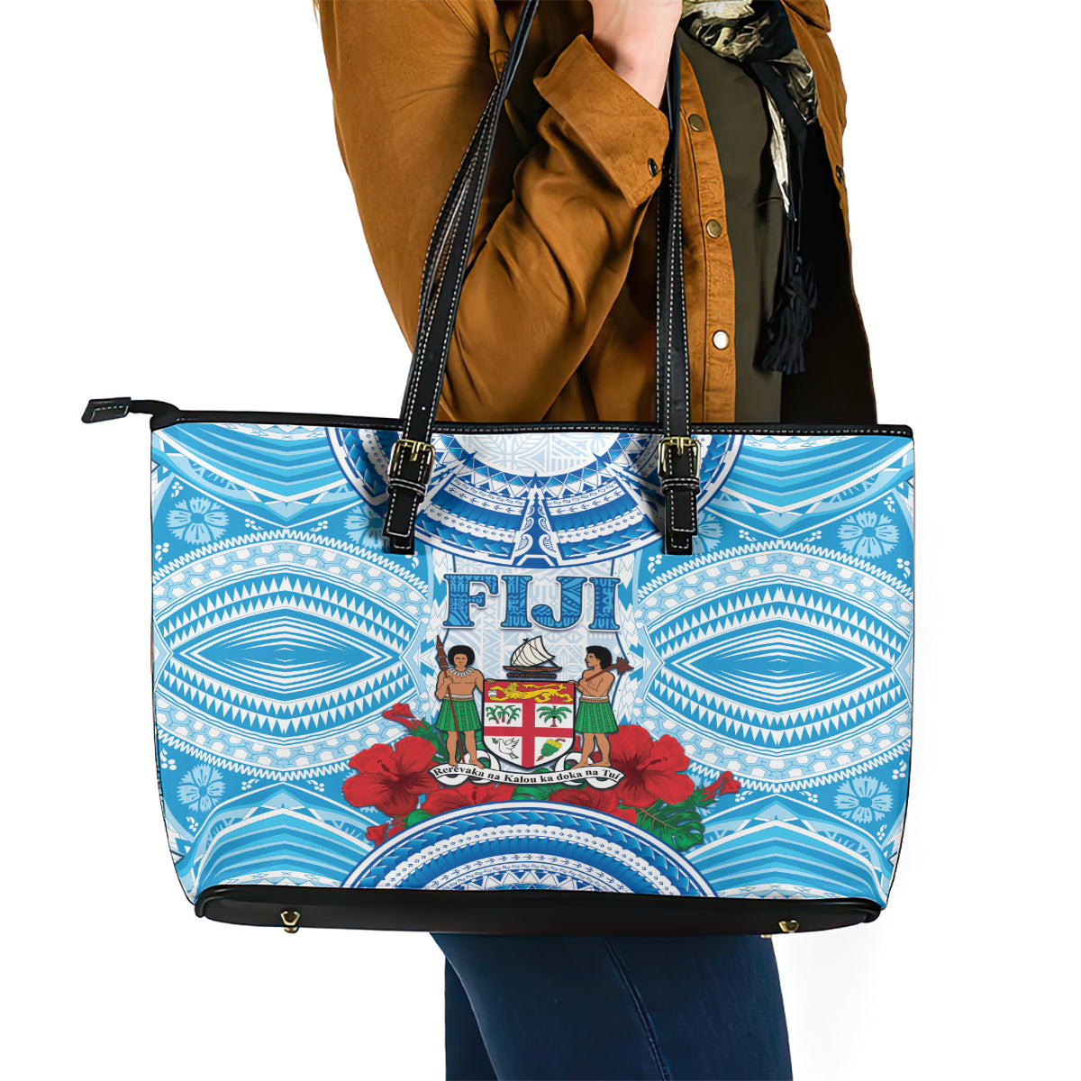 Fiji Ratu Sir Lala Sukuna Day Leather Tote Bag Hibiscus Tapa Pattern