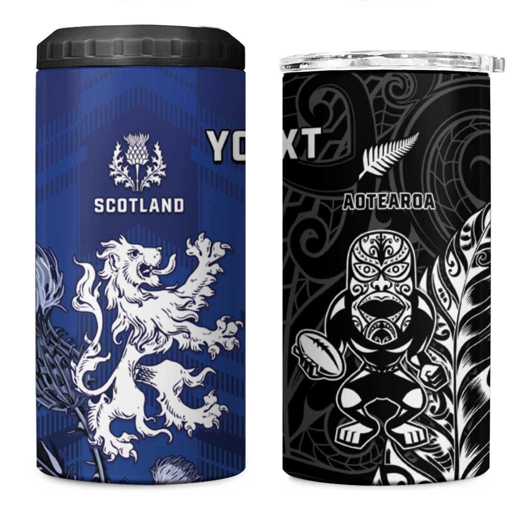 New Zealand And Scotland Rugby Custom 4 in 1 Can Cooler Tumbler Maori Tiki With Thistle Together LT05 One Size: 16 oz Black - Polynesian Pride