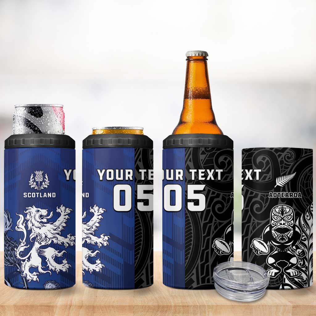 New Zealand And Scotland Rugby Custom 4 in 1 Can Cooler Tumbler Maori Tiki With Thistle Together LT05 - Polynesian Pride