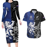 New Zealand And Scotland Rugby Custom Couples Matching Long Sleeve Bodycon Dress and Hawaiian Shirt Maori Tiki With Thistle Together LT05 Black - Polynesian Pride