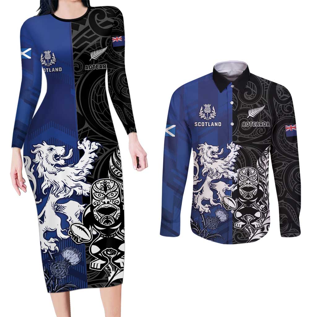 New Zealand And Scotland Rugby Custom Couples Matching Long Sleeve Bodycon Dress and Long Sleeve Button Shirt Maori Tiki With Thistle Together LT05 Black - Polynesian Pride