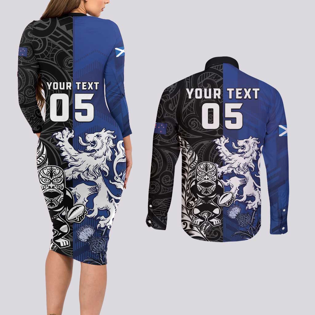 New Zealand And Scotland Rugby Custom Couples Matching Long Sleeve Bodycon Dress and Long Sleeve Button Shirt Maori Tiki With Thistle Together LT05 - Polynesian Pride