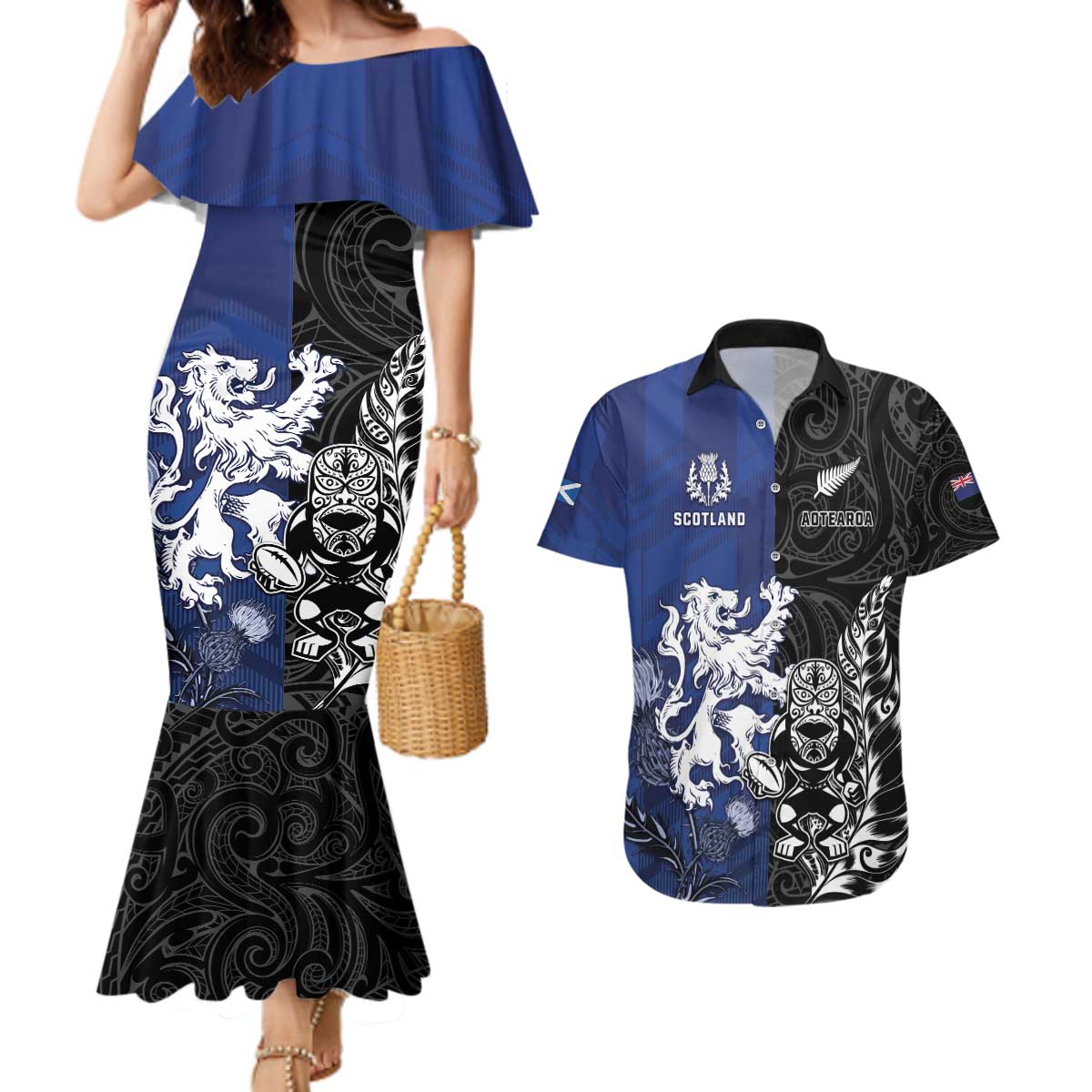 New Zealand And Scotland Rugby Custom Couples Matching Mermaid Dress and Hawaiian Shirt Maori Tiki With Thistle Together LT05 Black - Polynesian Pride