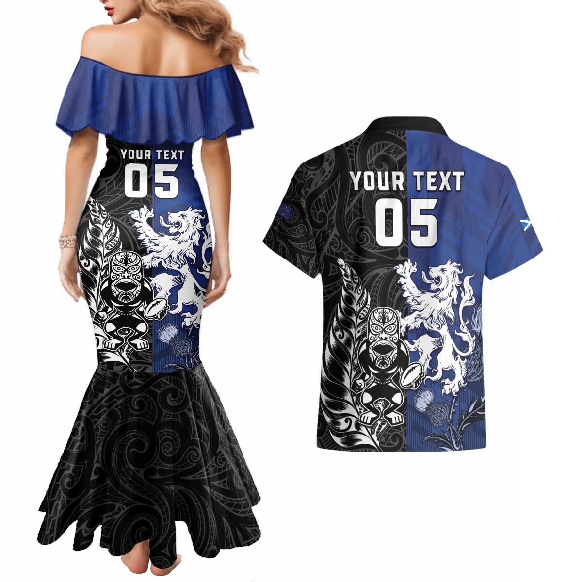 New Zealand And Scotland Rugby Custom Couples Matching Mermaid Dress and Hawaiian Shirt Maori Tiki With Thistle Together LT05 - Polynesian Pride