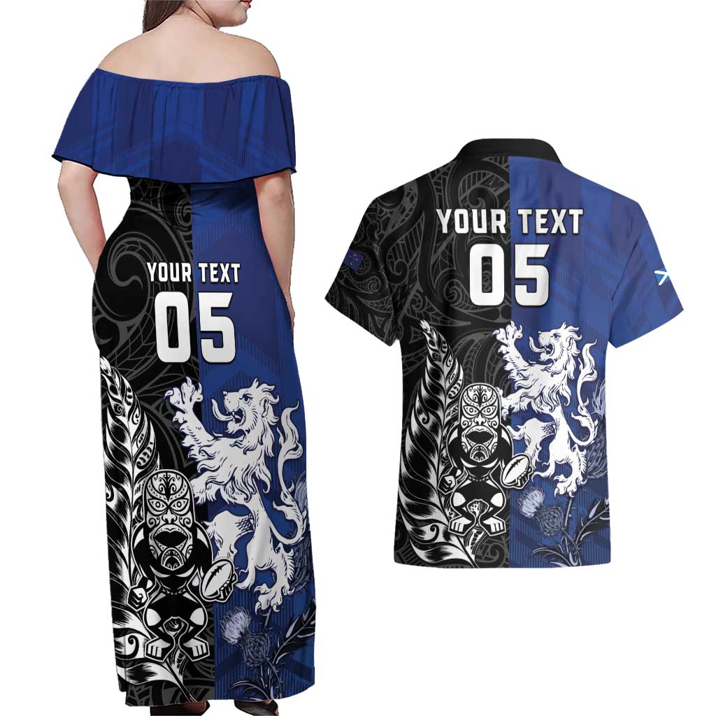 New Zealand And Scotland Rugby Custom Couples Matching Off Shoulder Maxi Dress and Hawaiian Shirt Maori Tiki With Thistle Together LT05 - Polynesian Pride