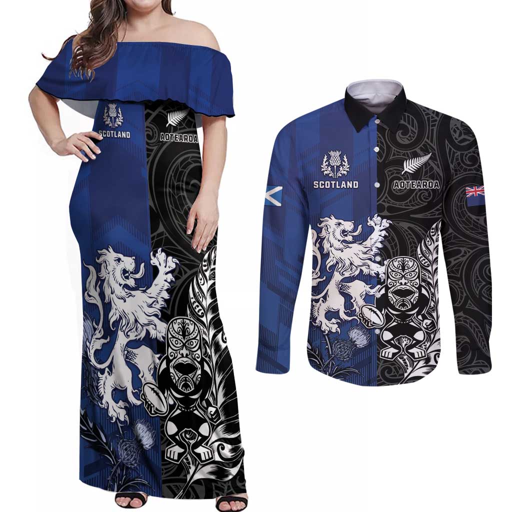 New Zealand And Scotland Rugby Custom Couples Matching Off Shoulder Maxi Dress and Long Sleeve Button Shirt Maori Tiki With Thistle Together LT05 Black - Polynesian Pride