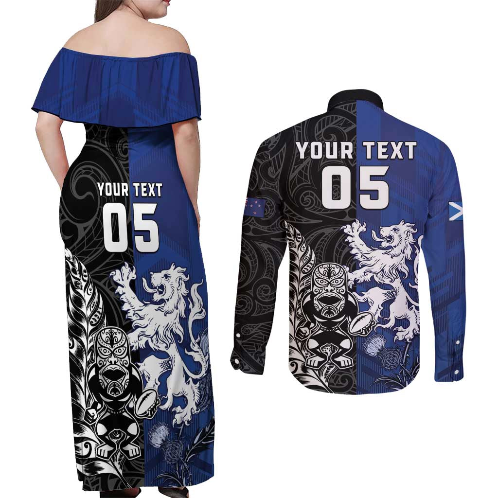 New Zealand And Scotland Rugby Custom Couples Matching Off Shoulder Maxi Dress and Long Sleeve Button Shirt Maori Tiki With Thistle Together LT05 - Polynesian Pride