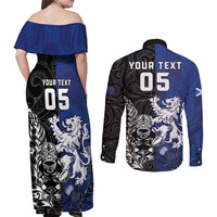 New Zealand And Scotland Rugby Custom Couples Matching Off Shoulder Maxi Dress and Long Sleeve Button Shirt Maori Tiki With Thistle Together LT05 - Polynesian Pride