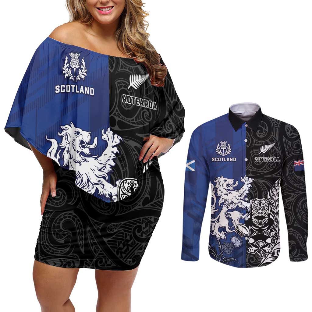 New Zealand And Scotland Rugby Custom Couples Matching Off Shoulder Short Dress and Long Sleeve Button Shirt Maori Tiki With Thistle Together LT05 Black - Polynesian Pride