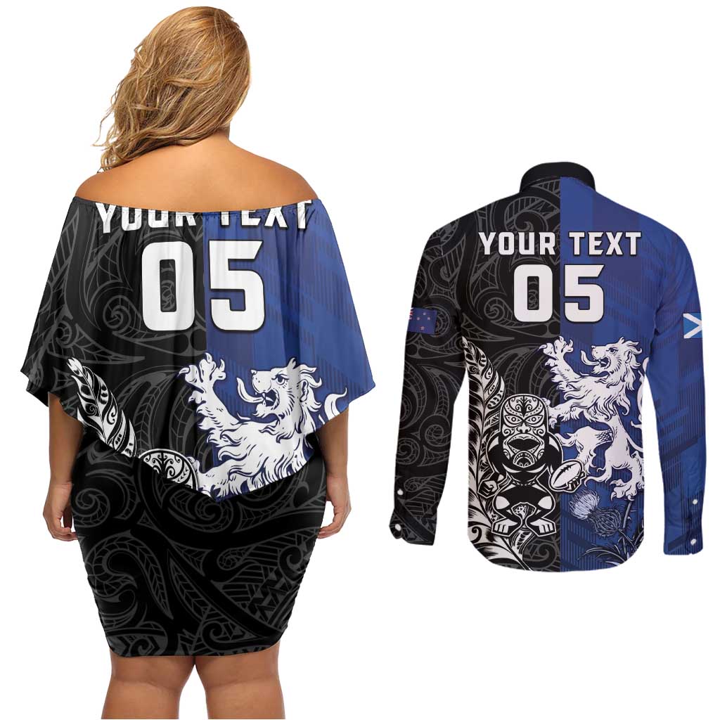 New Zealand And Scotland Rugby Custom Couples Matching Off Shoulder Short Dress and Long Sleeve Button Shirt Maori Tiki With Thistle Together LT05 - Polynesian Pride