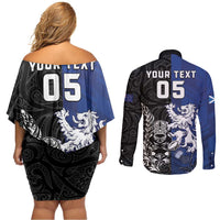 New Zealand And Scotland Rugby Custom Couples Matching Off Shoulder Short Dress and Long Sleeve Button Shirt Maori Tiki With Thistle Together LT05 - Polynesian Pride