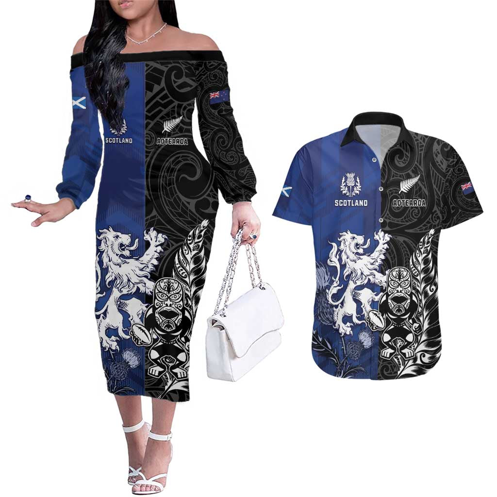New Zealand And Scotland Rugby Custom Couples Matching Off The Shoulder Long Sleeve Dress and Hawaiian Shirt Maori Tiki With Thistle Together LT05 Black - Polynesian Pride