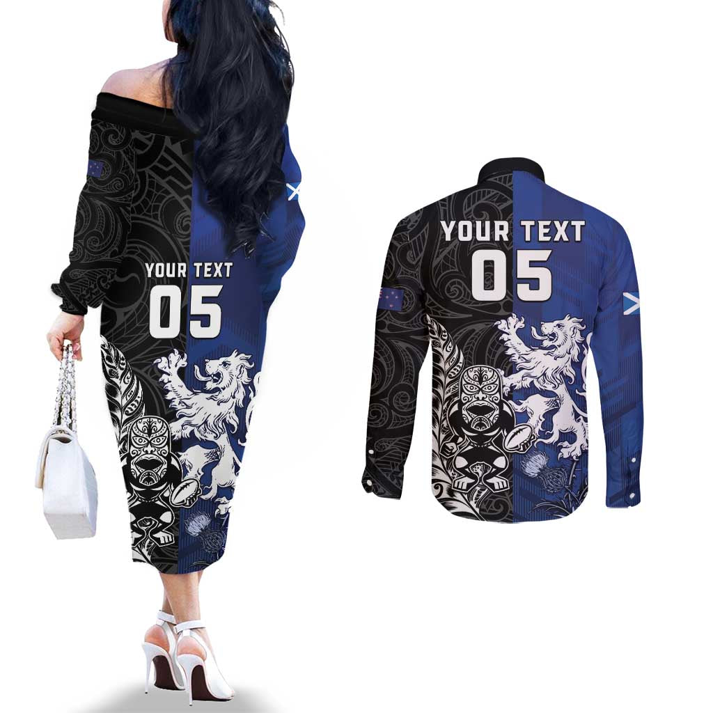 New Zealand And Scotland Rugby Custom Couples Matching Off The Shoulder Long Sleeve Dress and Long Sleeve Button Shirt Maori Tiki With Thistle Together LT05 - Polynesian Pride