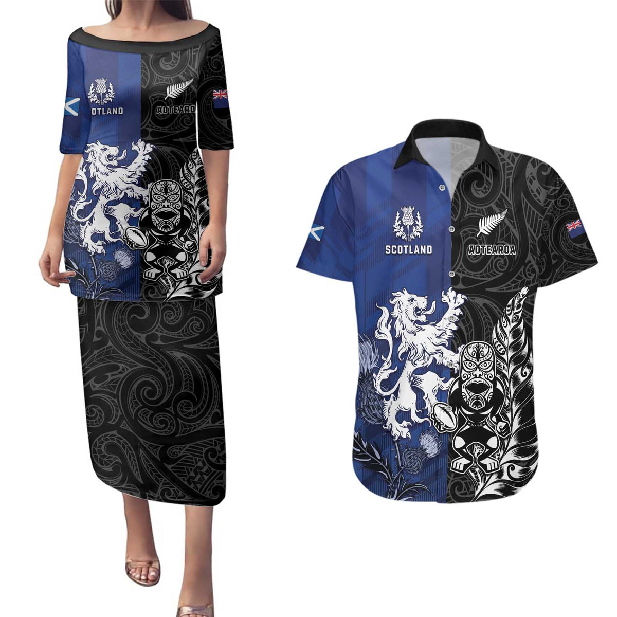 New Zealand And Scotland Rugby Custom Couples Matching Puletasi and Hawaiian Shirt Maori Tiki With Thistle Together LT05 Black - Polynesian Pride