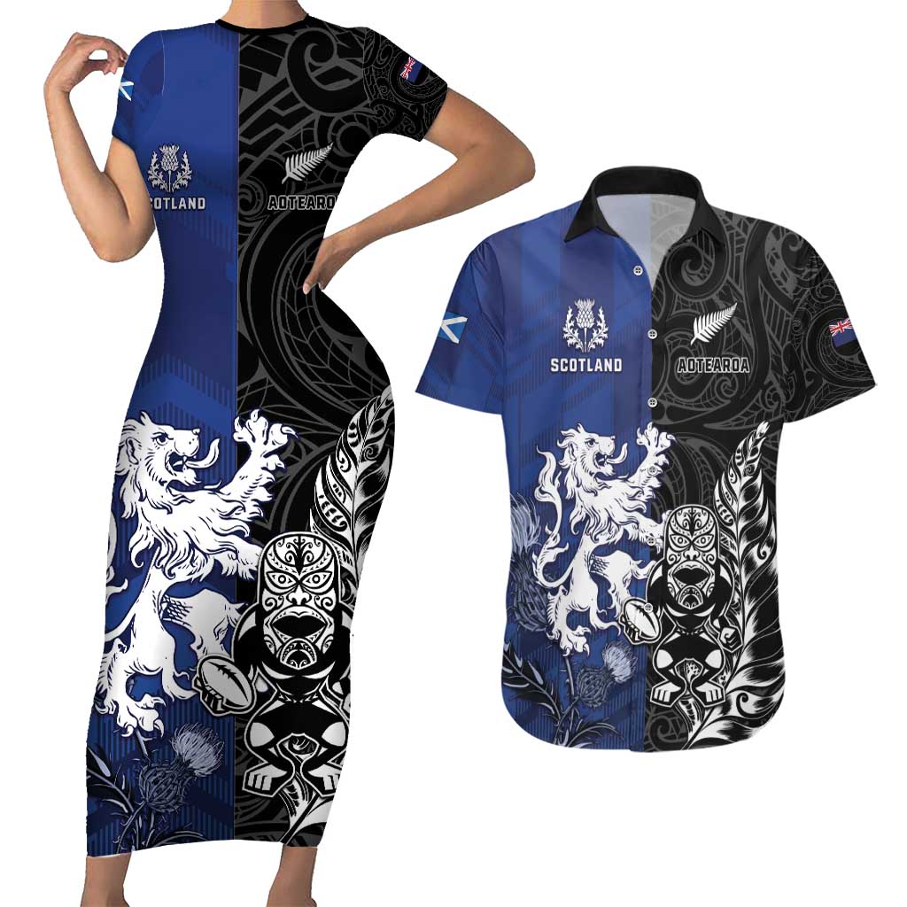 New Zealand And Scotland Rugby Custom Couples Matching Short Sleeve Bodycon Dress and Hawaiian Shirt Maori Tiki With Thistle Together LT05 Black - Polynesian Pride