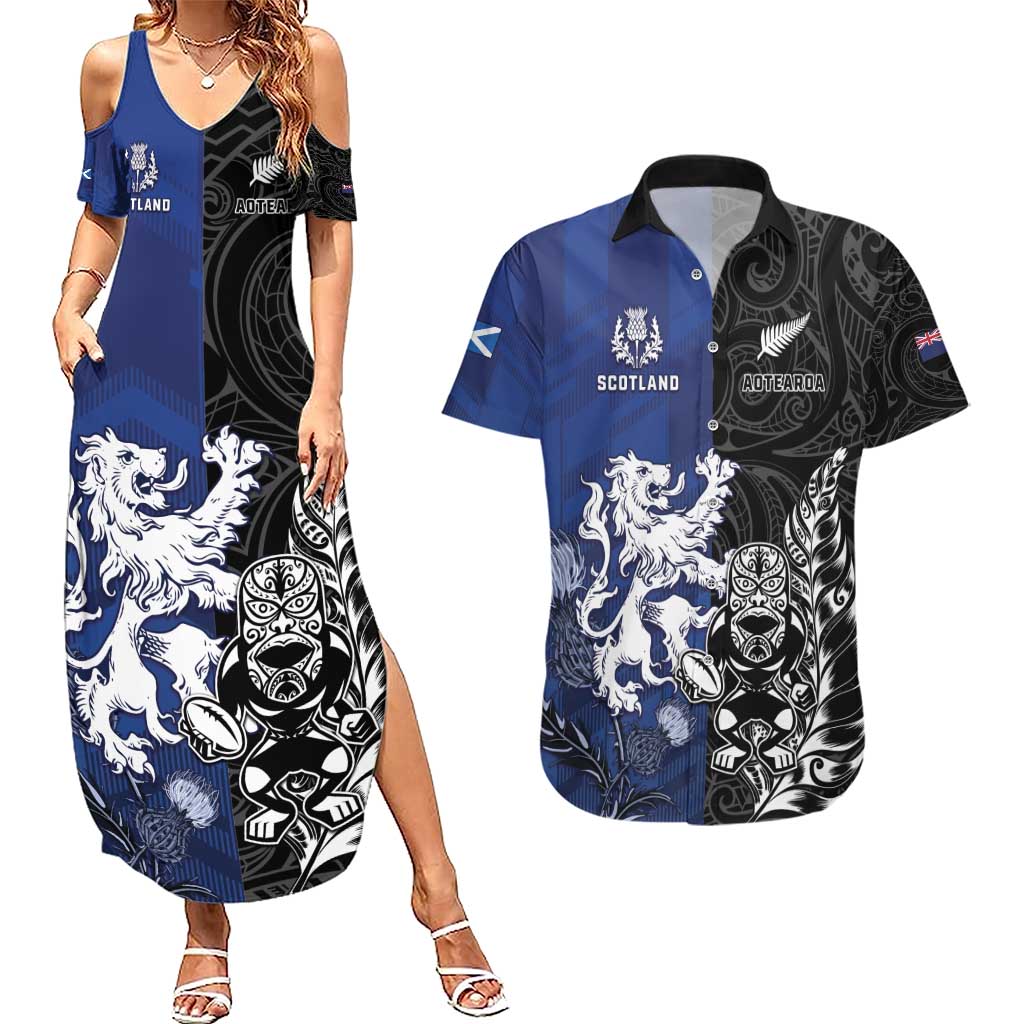New Zealand And Scotland Rugby Custom Couples Matching Summer Maxi Dress and Hawaiian Shirt Maori Tiki With Thistle Together LT05 Black - Polynesian Pride