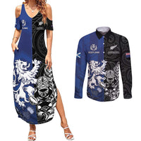 New Zealand And Scotland Rugby Custom Couples Matching Summer Maxi Dress and Long Sleeve Button Shirt Maori Tiki With Thistle Together LT05 Black - Polynesian Pride