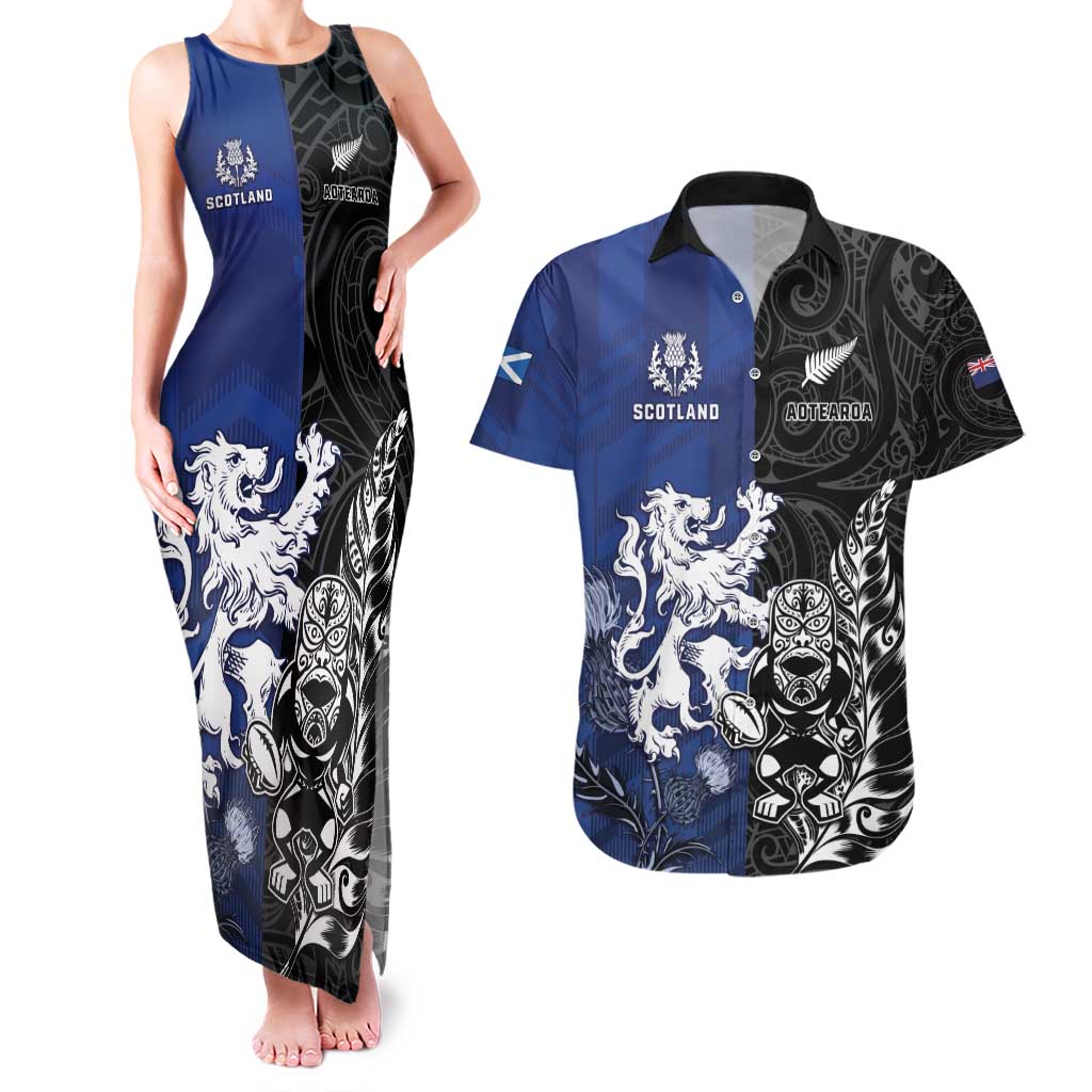 New Zealand And Scotland Rugby Custom Couples Matching Tank Maxi Dress and Hawaiian Shirt Maori Tiki With Thistle Together LT05 Black - Polynesian Pride