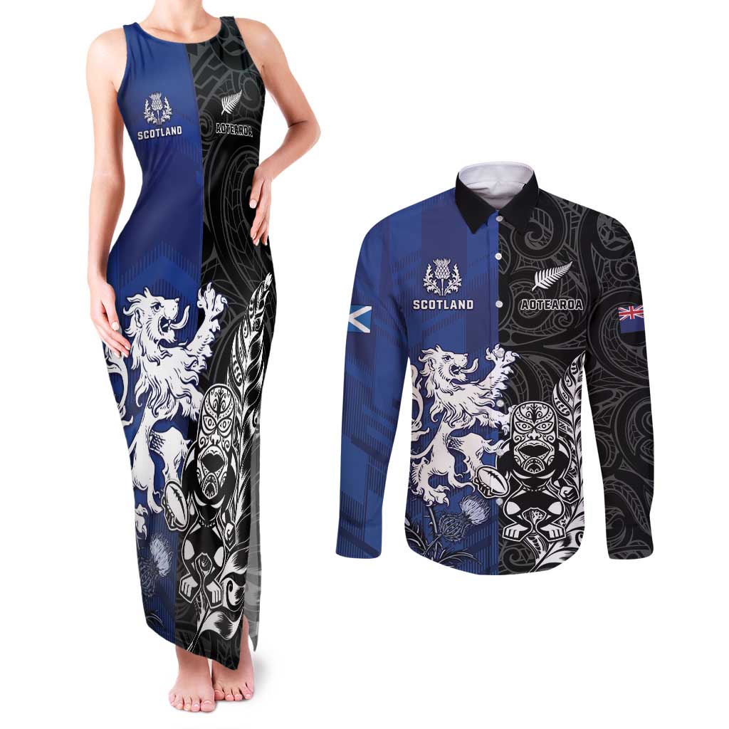 New Zealand And Scotland Rugby Custom Couples Matching Tank Maxi Dress and Long Sleeve Button Shirt Maori Tiki With Thistle Together LT05 Black - Polynesian Pride