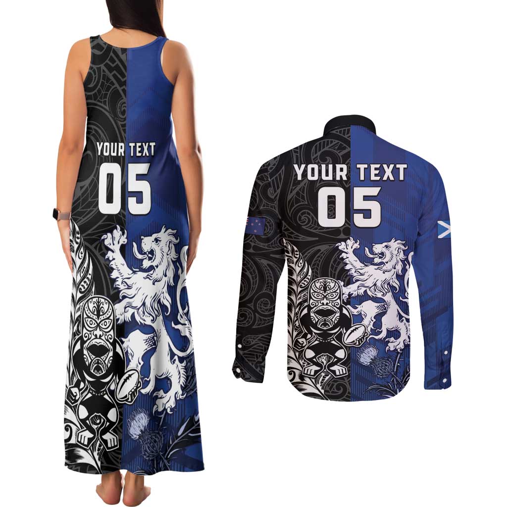 New Zealand And Scotland Rugby Custom Couples Matching Tank Maxi Dress and Long Sleeve Button Shirt Maori Tiki With Thistle Together LT05 - Polynesian Pride