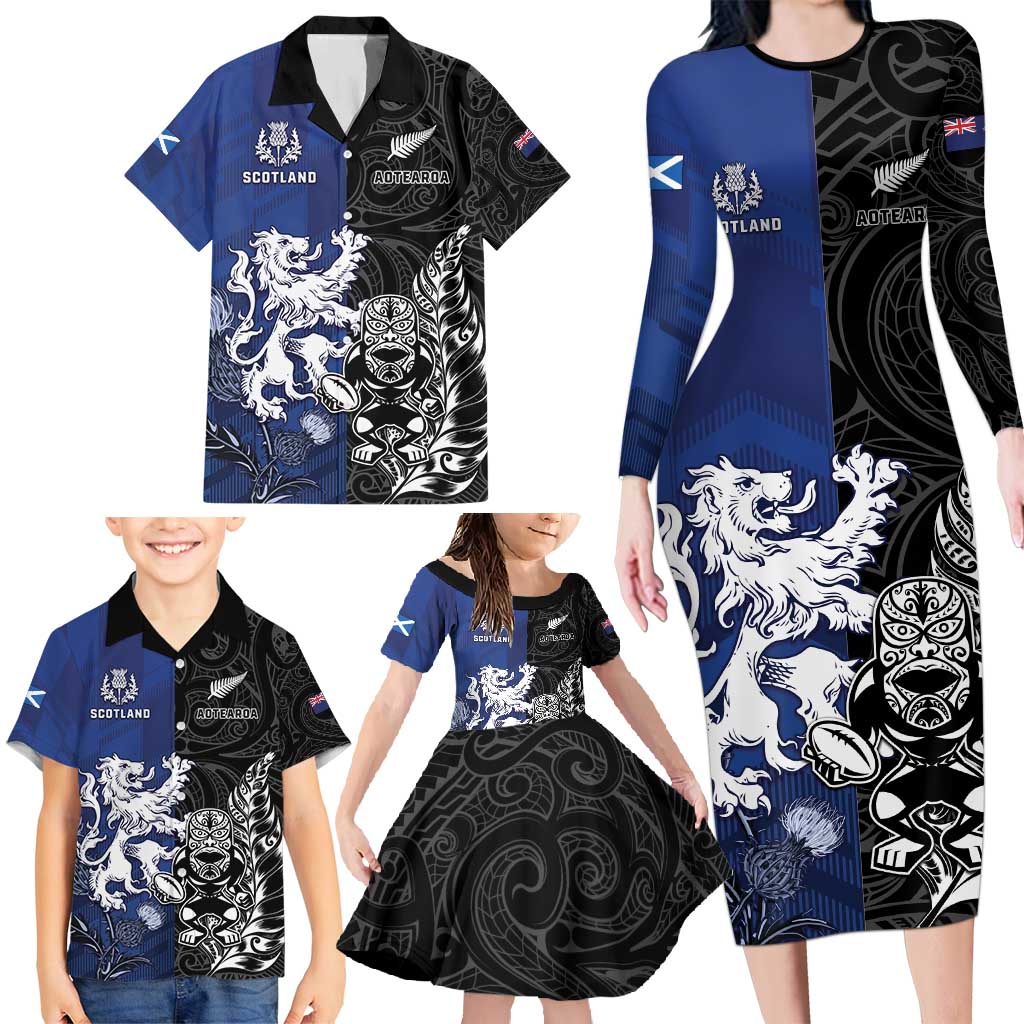 New Zealand And Scotland Rugby Custom Family Matching Long Sleeve Bodycon Dress and Hawaiian Shirt Maori Tiki With Thistle Together LT05 - Polynesian Pride