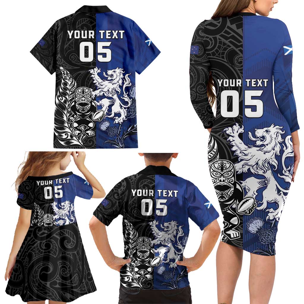 New Zealand And Scotland Rugby Custom Family Matching Long Sleeve Bodycon Dress and Hawaiian Shirt Maori Tiki With Thistle Together LT05 - Polynesian Pride