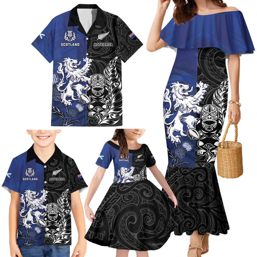 New Zealand And Scotland Rugby Custom Family Matching Mermaid Dress and Hawaiian Shirt Maori Tiki With Thistle Together LT05 - Polynesian Pride
