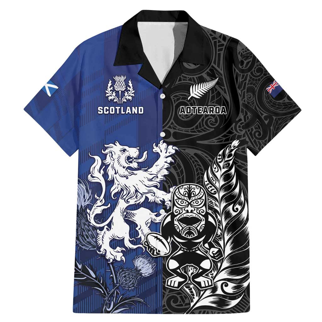 New Zealand And Scotland Rugby Custom Family Matching Mermaid Dress and Hawaiian Shirt Maori Tiki With Thistle Together LT05 Dad's Shirt - Short Sleeve Black - Polynesian Pride
