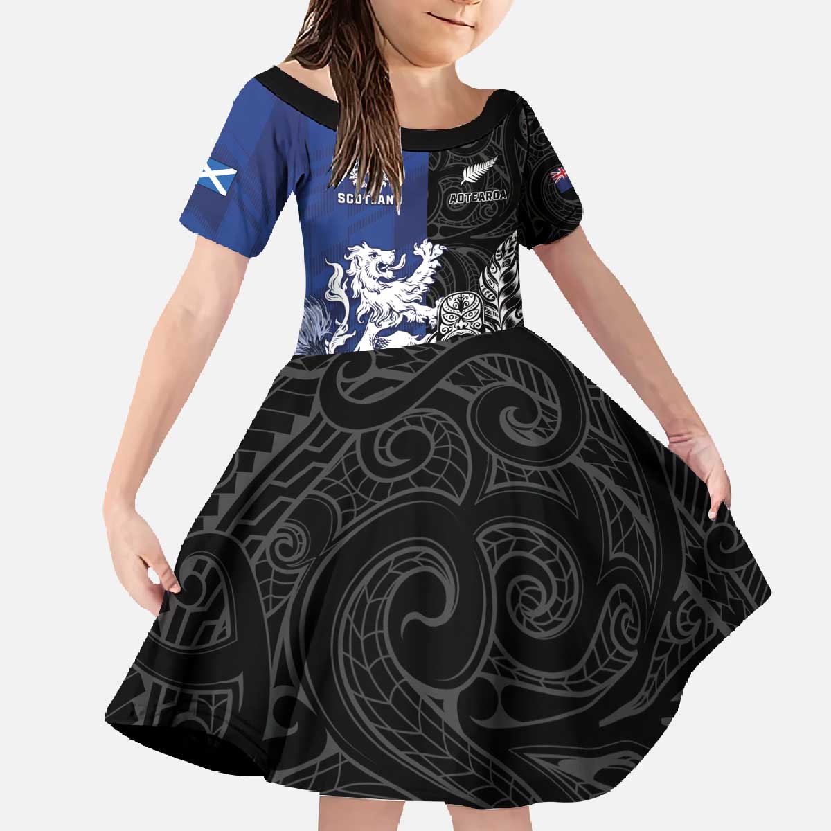New Zealand And Scotland Rugby Custom Family Matching Off The Shoulder Long Sleeve Dress and Hawaiian Shirt Maori Tiki With Thistle Together LT05 Daughter's Dress Black - Polynesian Pride