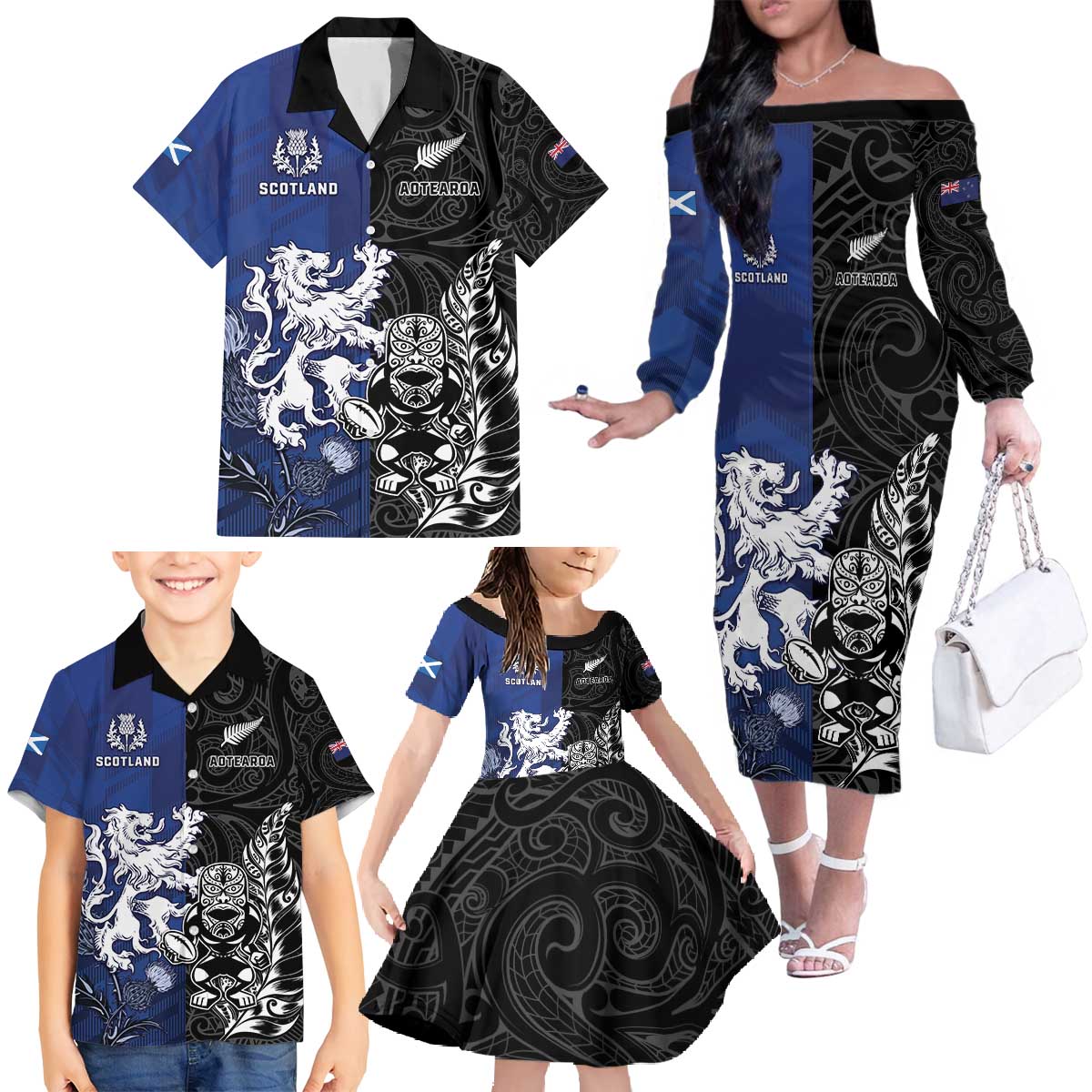 New Zealand And Scotland Rugby Custom Family Matching Off The Shoulder Long Sleeve Dress and Hawaiian Shirt Maori Tiki With Thistle Together LT05 - Polynesian Pride