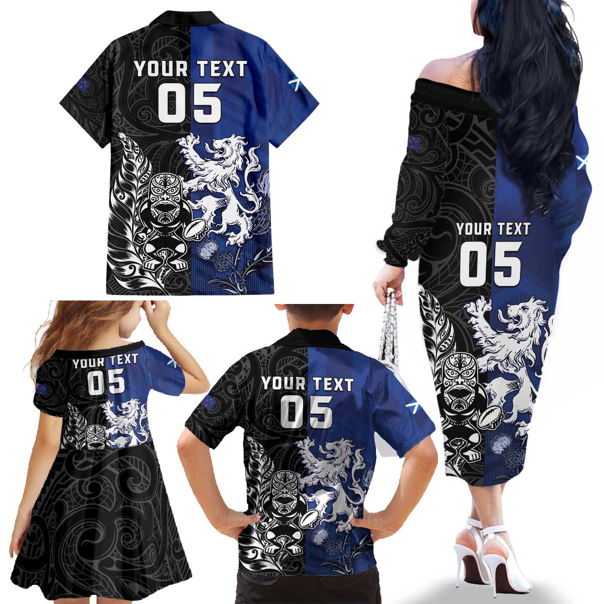 New Zealand And Scotland Rugby Custom Family Matching Off The Shoulder Long Sleeve Dress and Hawaiian Shirt Maori Tiki With Thistle Together LT05 - Polynesian Pride