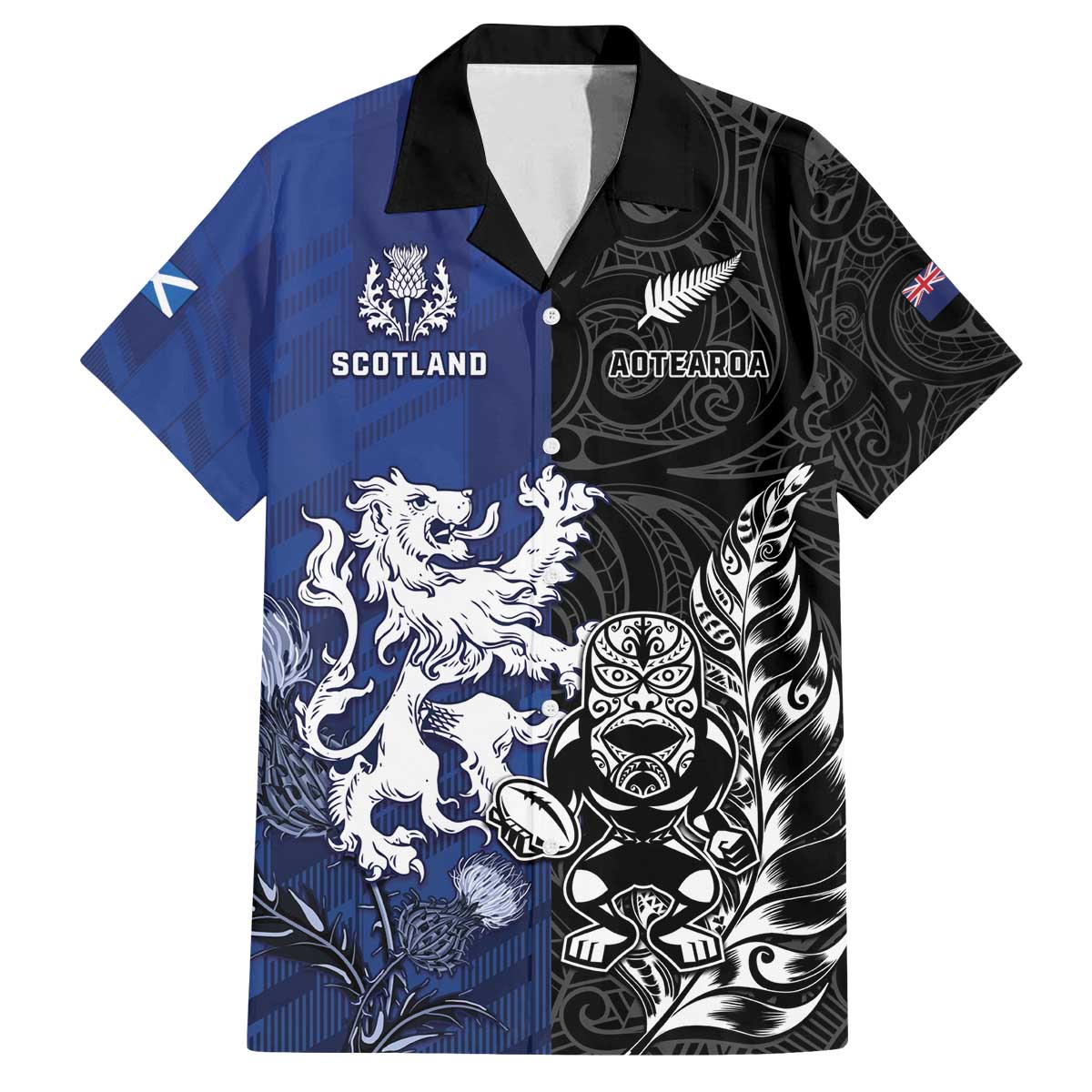 New Zealand And Scotland Rugby Custom Family Matching Off The Shoulder Long Sleeve Dress and Hawaiian Shirt Maori Tiki With Thistle Together LT05 Dad's Shirt - Short Sleeve Black - Polynesian Pride