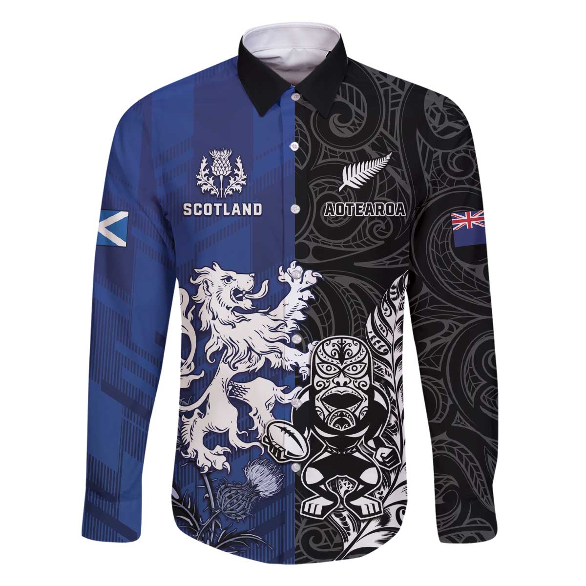 New Zealand And Scotland Rugby Custom Family Matching Off The Shoulder Long Sleeve Dress and Hawaiian Shirt Maori Tiki With Thistle Together LT05 Dad's Shirt - Long Sleeve Black - Polynesian Pride