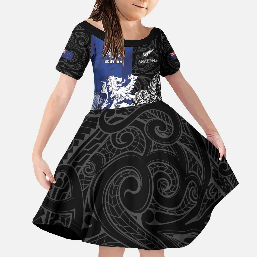 New Zealand And Scotland Rugby Custom Family Matching Off Shoulder Maxi Dress and Hawaiian Shirt Maori Tiki With Thistle Together LT05 Daughter's Dress Black - Polynesian Pride