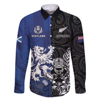 New Zealand And Scotland Rugby Custom Family Matching Off Shoulder Maxi Dress and Hawaiian Shirt Maori Tiki With Thistle Together LT05 Dad's Shirt - Long Sleeve Black - Polynesian Pride
