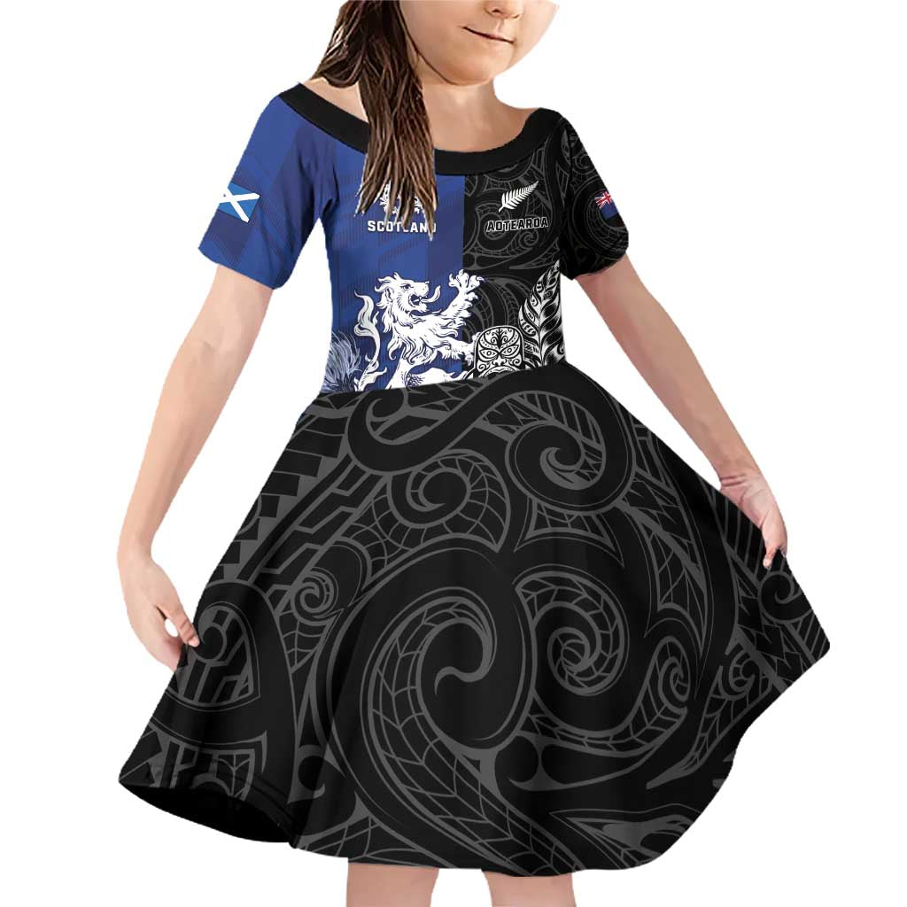 New Zealand And Scotland Rugby Custom Family Matching Off Shoulder Short Dress and Hawaiian Shirt Maori Tiki With Thistle Together LT05 Daughter's Dress Black - Polynesian Pride