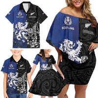 New Zealand And Scotland Rugby Custom Family Matching Off Shoulder Short Dress and Hawaiian Shirt Maori Tiki With Thistle Together LT05 - Polynesian Pride