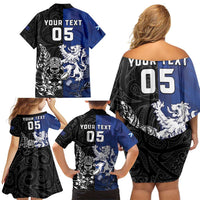 New Zealand And Scotland Rugby Custom Family Matching Off Shoulder Short Dress and Hawaiian Shirt Maori Tiki With Thistle Together LT05 - Polynesian Pride
