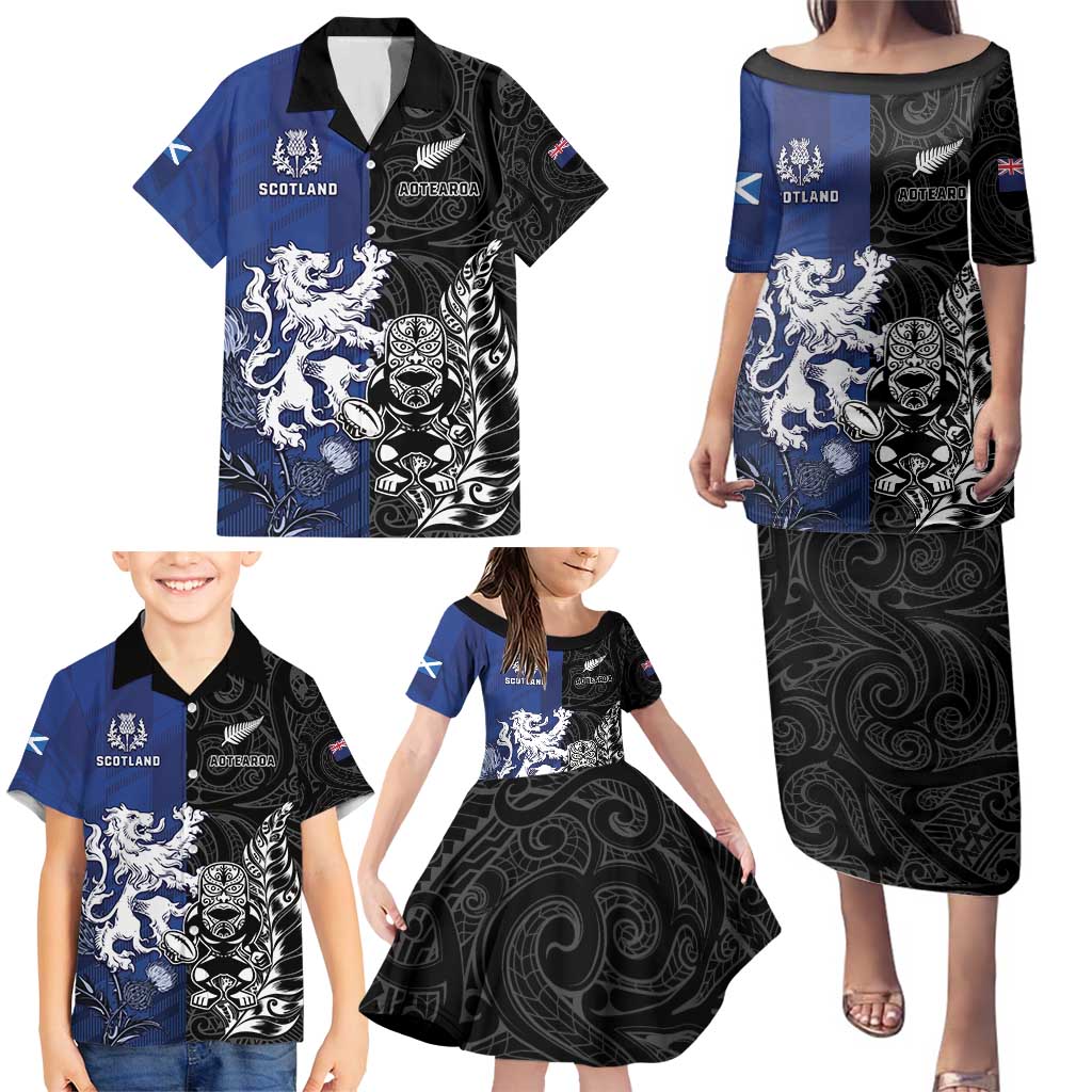 New Zealand And Scotland Rugby Custom Family Matching Puletasi and Hawaiian Shirt Maori Tiki With Thistle Together LT05 - Polynesian Pride