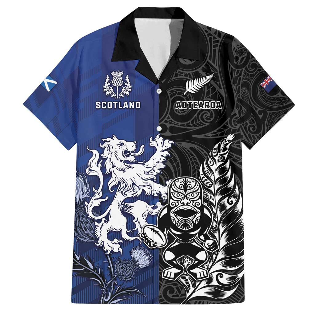 New Zealand And Scotland Rugby Custom Family Matching Puletasi and Hawaiian Shirt Maori Tiki With Thistle Together LT05 Dad's Shirt - Short Sleeve Black - Polynesian Pride