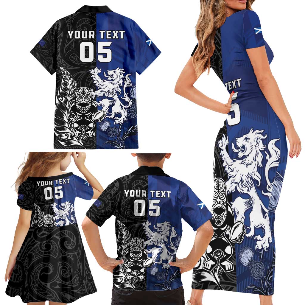 New Zealand And Scotland Rugby Custom Family Matching Short Sleeve Bodycon Dress and Hawaiian Shirt Maori Tiki With Thistle Together LT05 - Polynesian Pride