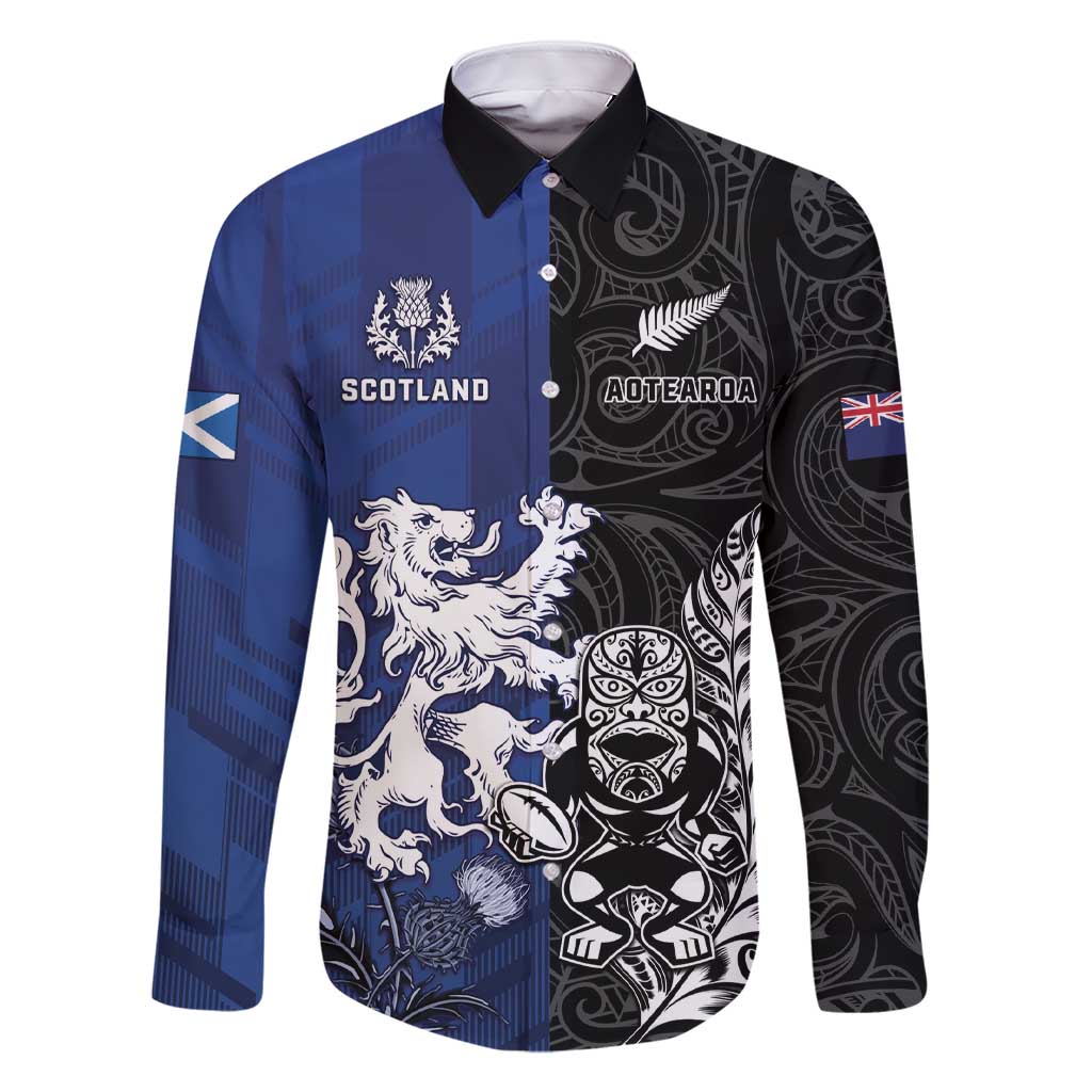 New Zealand And Scotland Rugby Custom Family Matching Short Sleeve Bodycon Dress and Hawaiian Shirt Maori Tiki With Thistle Together LT05 Dad's Shirt - Long Sleeve Black - Polynesian Pride