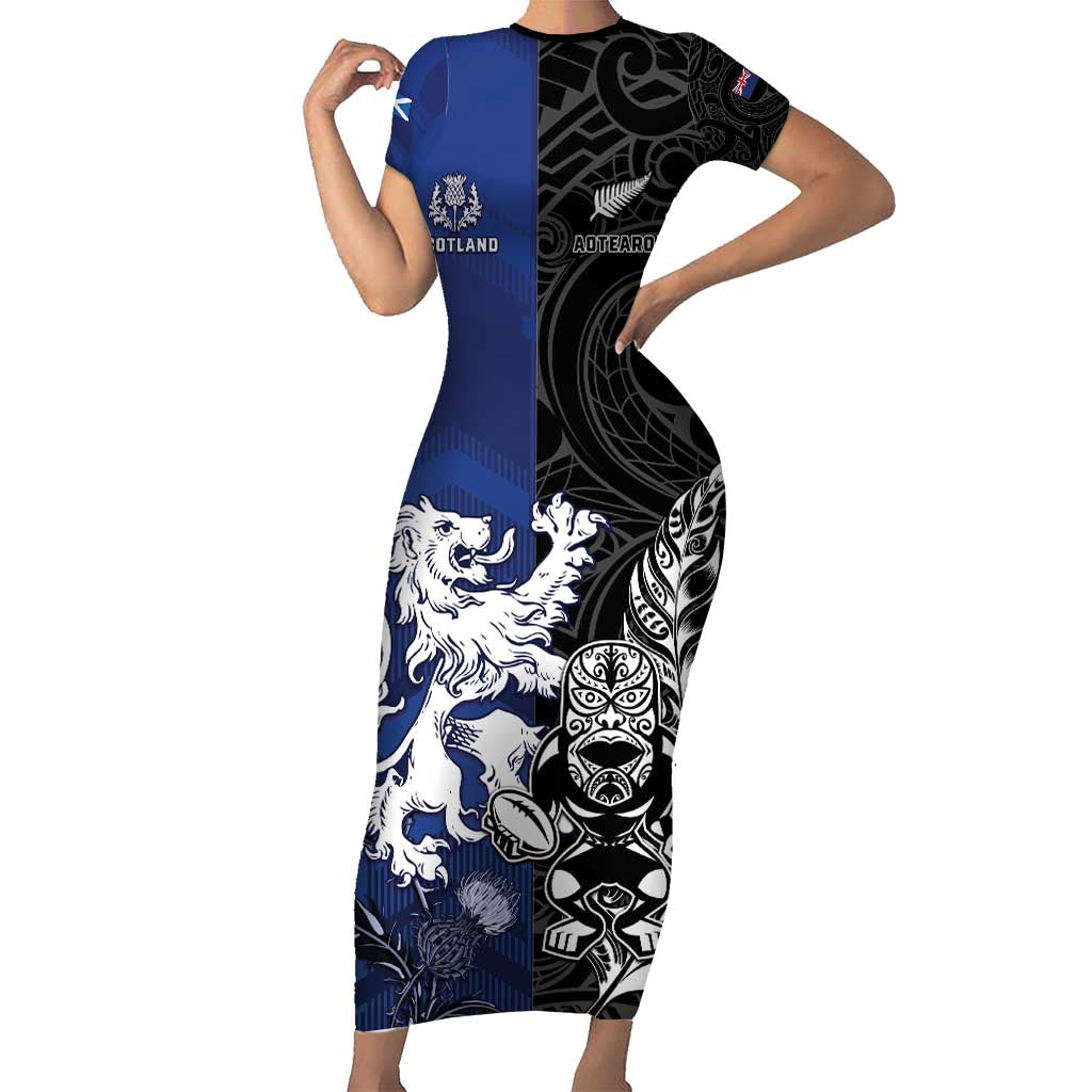 New Zealand And Scotland Rugby Custom Family Matching Short Sleeve Bodycon Dress and Hawaiian Shirt Maori Tiki With Thistle Together LT05 Mom's Dress Black - Polynesian Pride